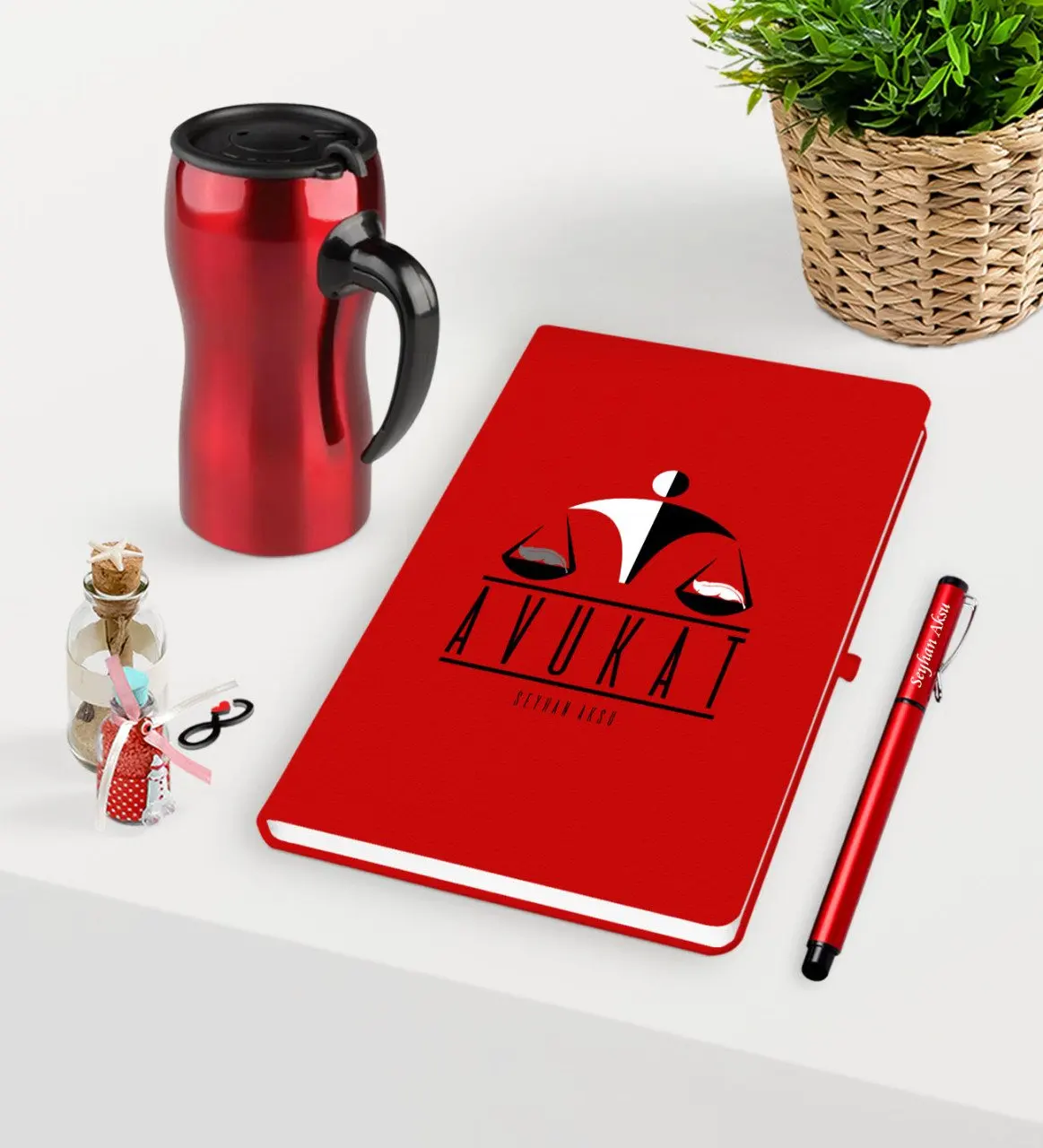 

Personalized Attorney Themed Red Notebook Pen and Thermos Mug Set-4