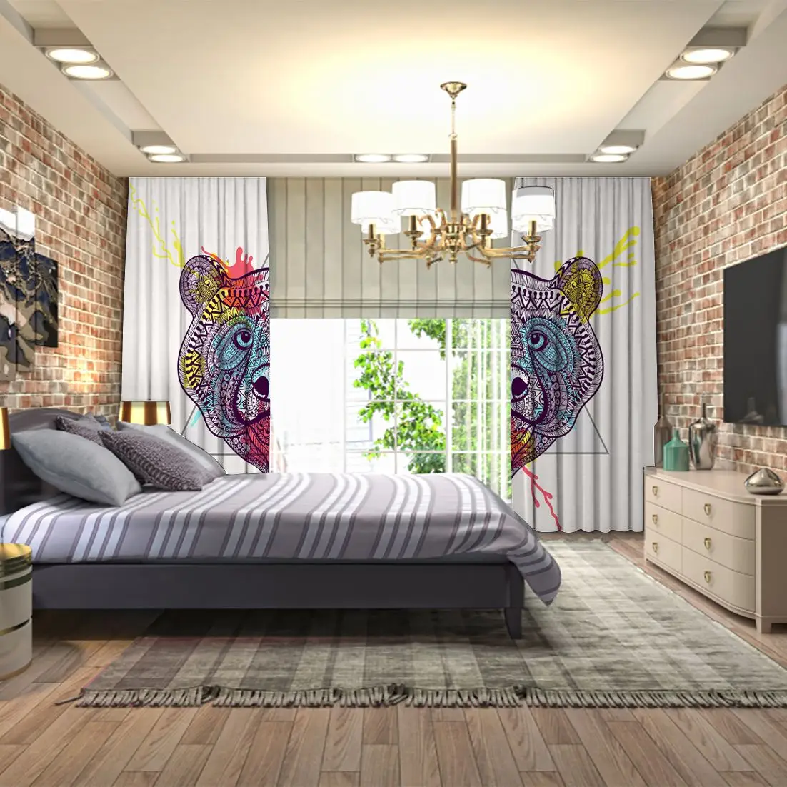 Занавес медведь лицо в треугольнике с рамкой акварельные чернила капля диких