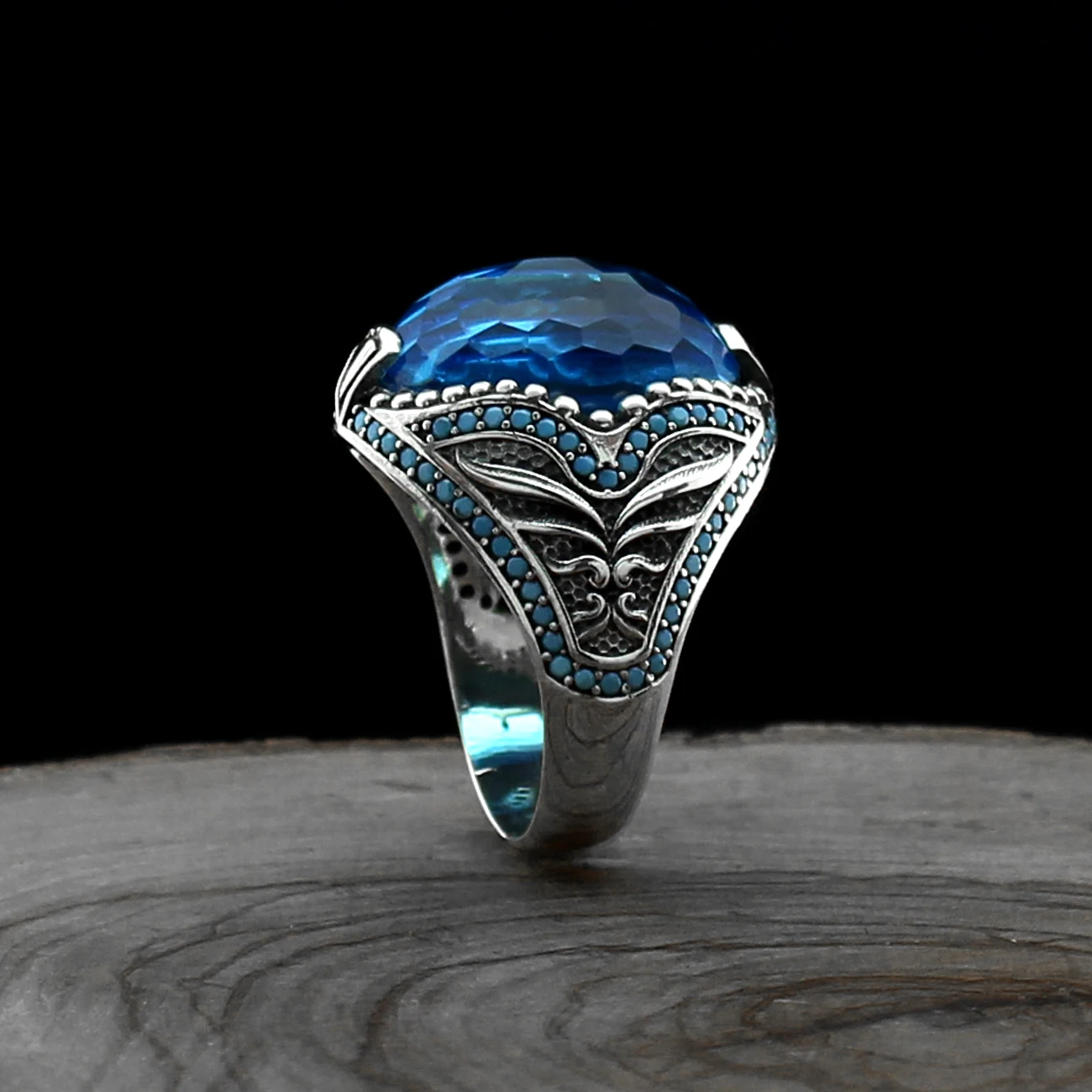 Style turc pur véritable argent Sterling 925 bague en pierre aigue-marine naturelle pour hommes femmes bijoux de haute qualité Punk rétro mode Vintage fait à la main cadeau Zircon Onyx Agate accessoire