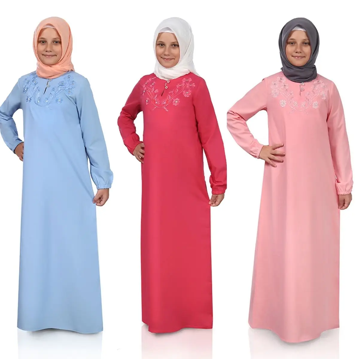Embroidered Children's Dress Long Sleeve Crew Neck Elastic Seasonal Casual Women's Hijab Clothing Muslim  Fashion  Islam Turkey