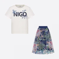 NIGO Girls' Short Sleeve Crew Neck Letter Print T-Shirt Tulle Skirt Suit #nigo36778
