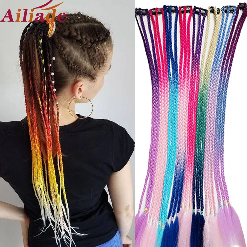 

AILIADE Выделите Радужный Омбре Цвета, накладные волосы на заколке для Для женщин девочек Синтетические длинные прямые волосы плетение волос с...