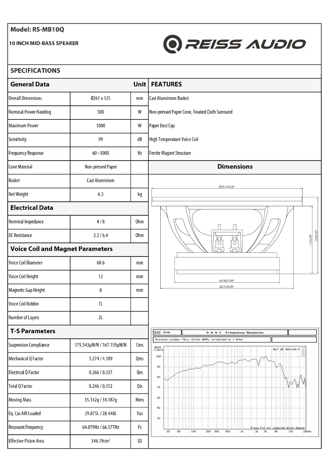 RS-MB10Q 25 см сплошной бас среднеквадратичная мощность 250 Вт-Максимальная 500 Вт-одна