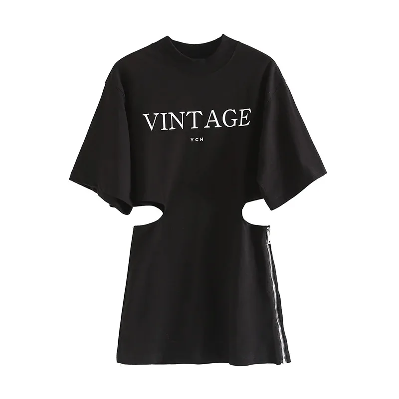 Waist Cut Out Side Zipper Short Sleeve Women Chic Fashion T-Shirt Long Losse Fit Top