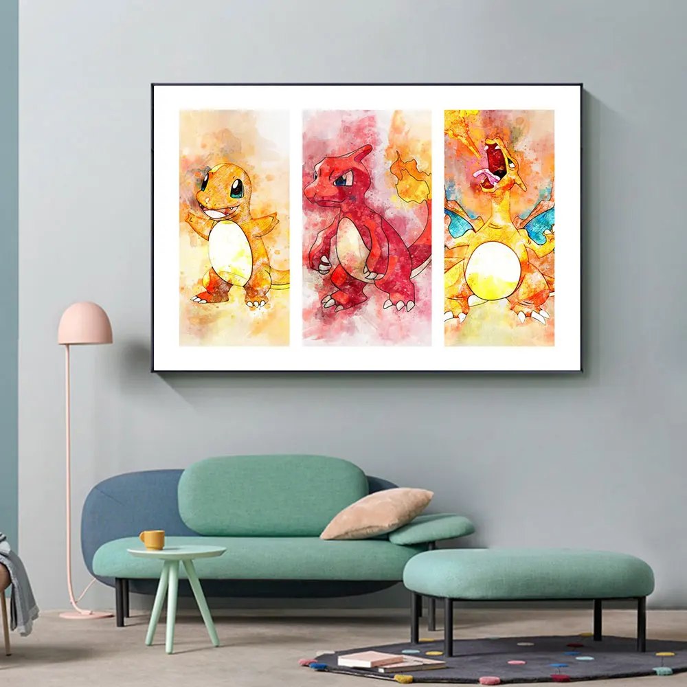 

Pokemon Anime Charmander Charmeleon Charizard Evolution Watercolour Print Posters Wall Art Mural Kids Bedroom Home Decor Cuadros
