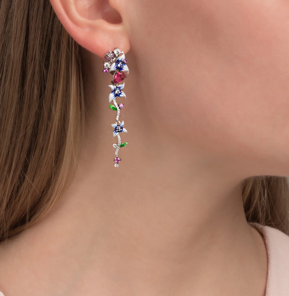 Серебряные серьги с корундом фианитами и эмалью SUNLIGHT проба 925|Серьги-подвески| |