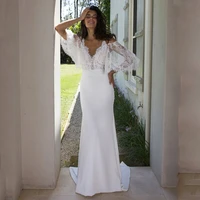 simple v neck strapless wedding dress 2021 off the shoulder lace bridal gowns backless sweep train soft stain for women