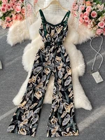 summer women casual floral print sleeveless jumpsuit rompers female lace up sashes wide leg holidays loose jumpsuits