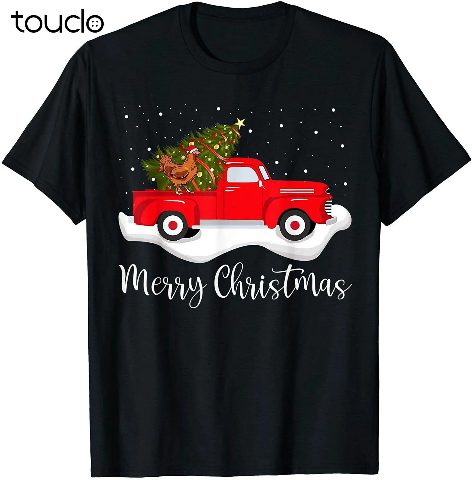 

Red Truck Merry Christmas Tree Chicken Christmas T-Shirt Vintage Men Gift Tee