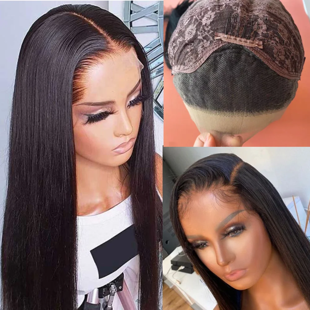 

13x3 Lace Front Wigs Synthetic Hair Straight Free Part 24inch Black Wig with Baby Hair Half Hand Tied Realistic Heat Resistant