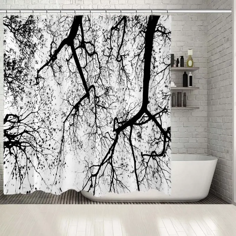 

Shower Curtain Silhouette Against Branches of Tree of Sky Autumn Forest Nature Outdoor Scenery Black White