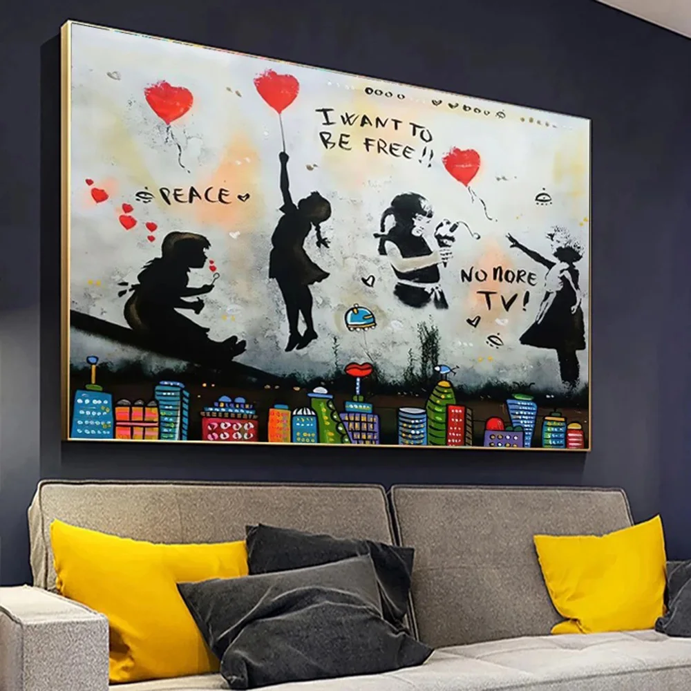 

Banksy Graffiti Art Little Boy and Girl Love Balloon Canvas Painting Posters Prints Wall Pictures Living Room Home Decor Cuadros
