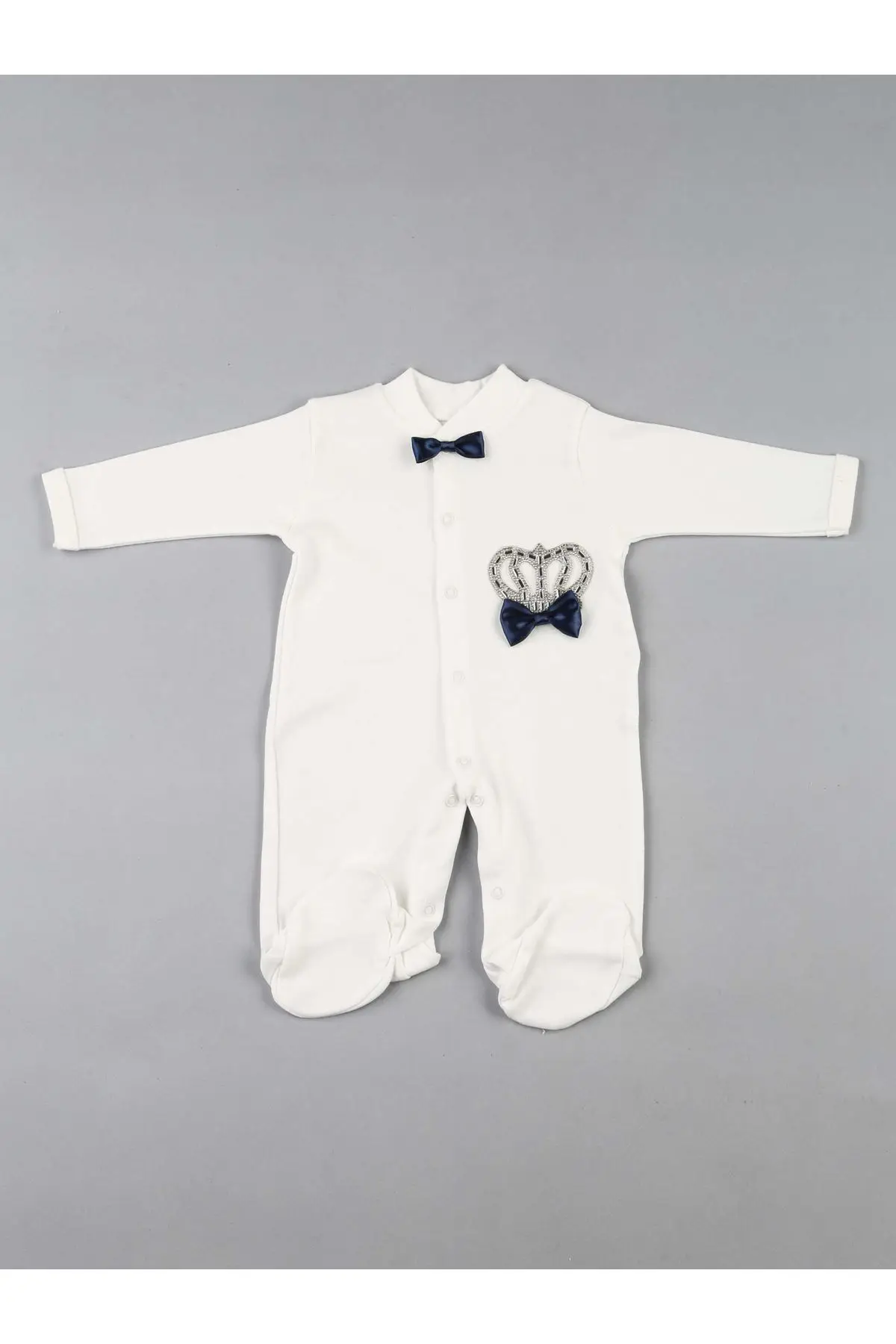 Navy blue baby boy overalls king-crowned 3-piece sets style babies gloves hat daily cotton fabric models |