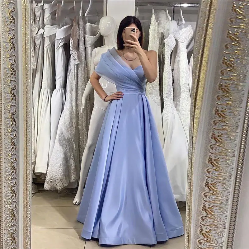 

CloverBridal Summer Women vestidos de gala Sky Blue A-line One Shoulder Satin+Organza Prom Dresses 2022 abiti da sera WP9778
