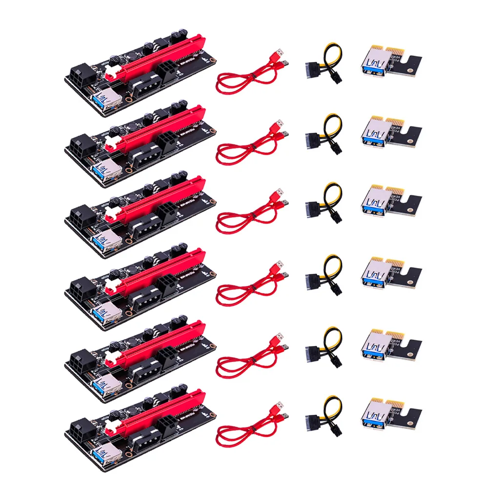 6PCS Adapter Card PCIe 1X to 16X Extender VER009S PCI-E Riser Card Dual 6Pin Card USB 3.0 Data Cable for BTC Mining Miner