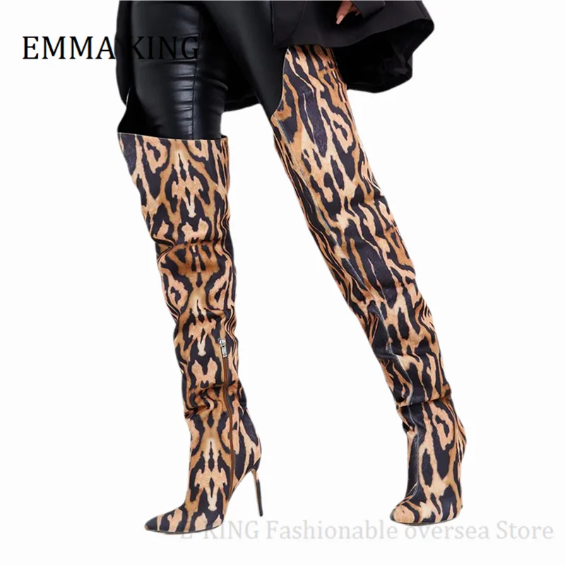 Женские ботфорты с леопардовым принтом привлекательные высокие сапоги на