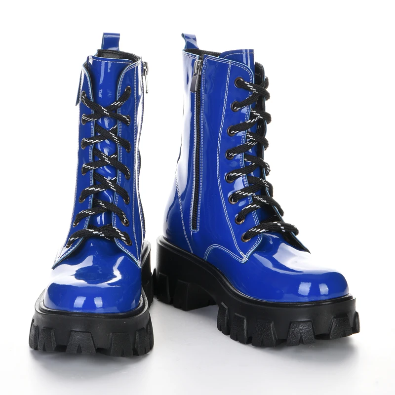 Женские ботинки синие лакированные кожаные до середины икры из мягкой кожи