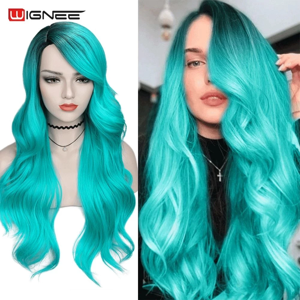 Wignee 2 тона синтетический парик Ombre длинные синие волнистые волосы термостойкие для женщин боковая часть косплей/вечерние парики из натуральных волос - изображение