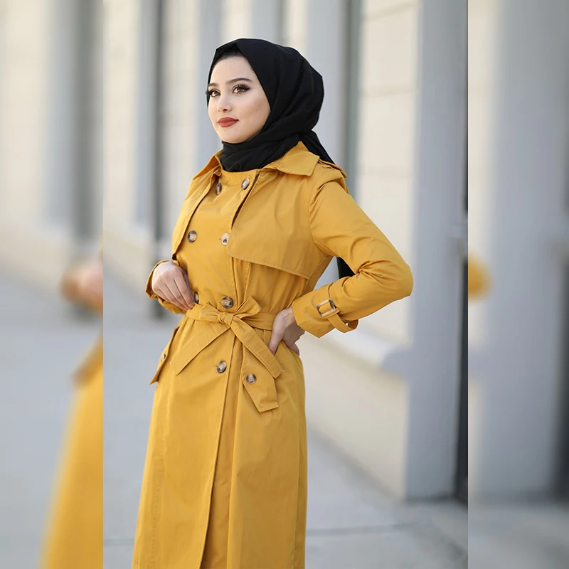 

New Women Trench Coat Double Row Button Detailed Trench Coat Long Double-Breasted Belt Lady Clothes Autumn Spring Outerwear Oversize Quality For Women Trench Coat Muslim Women Ramadan Eid Arab Islamic Fashion 7010