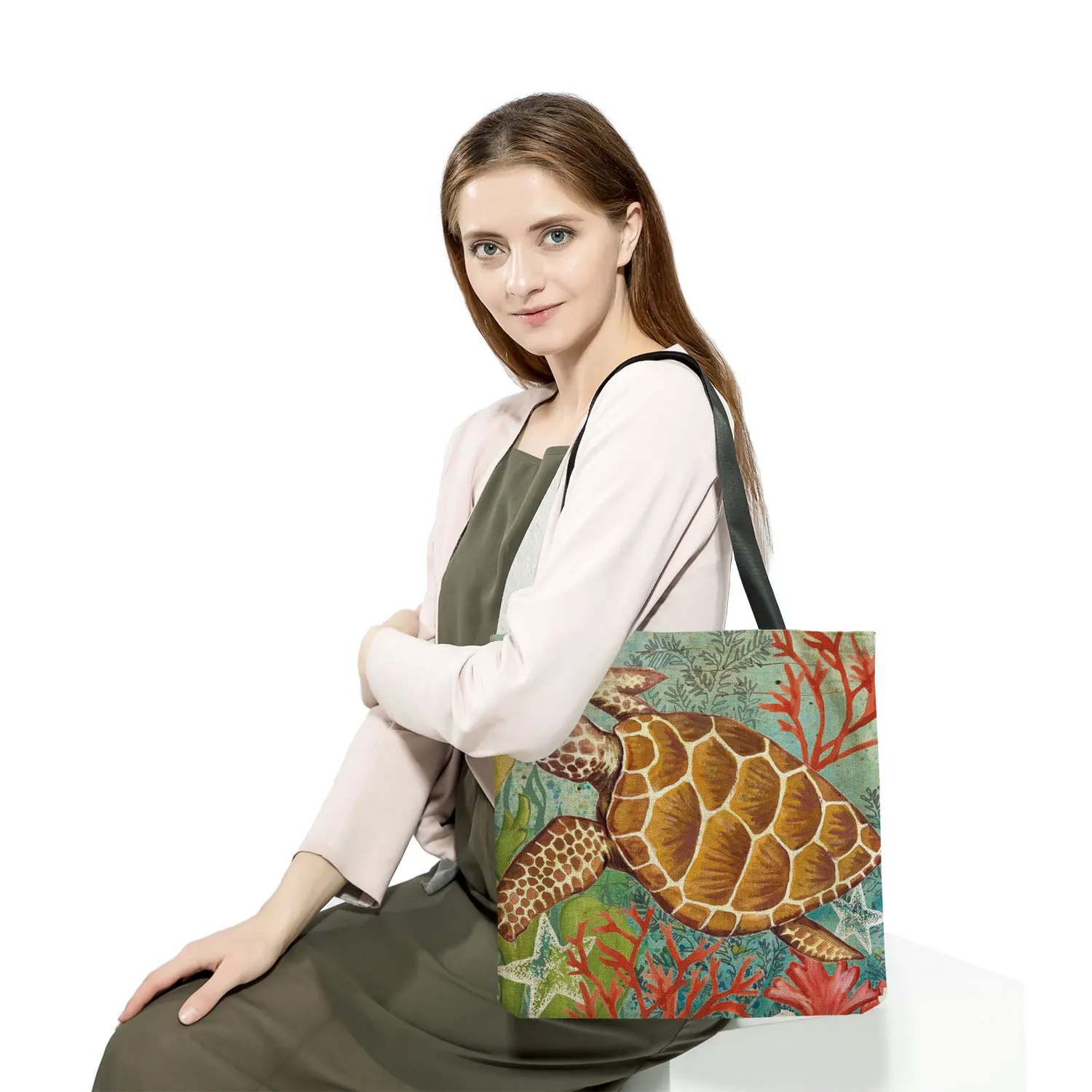 Casual Leisure Totes Bags Women Handbag Marine Animal Sea Turtle Horse Octopus Print Travel Shopping Shoulder Bag for Groceries