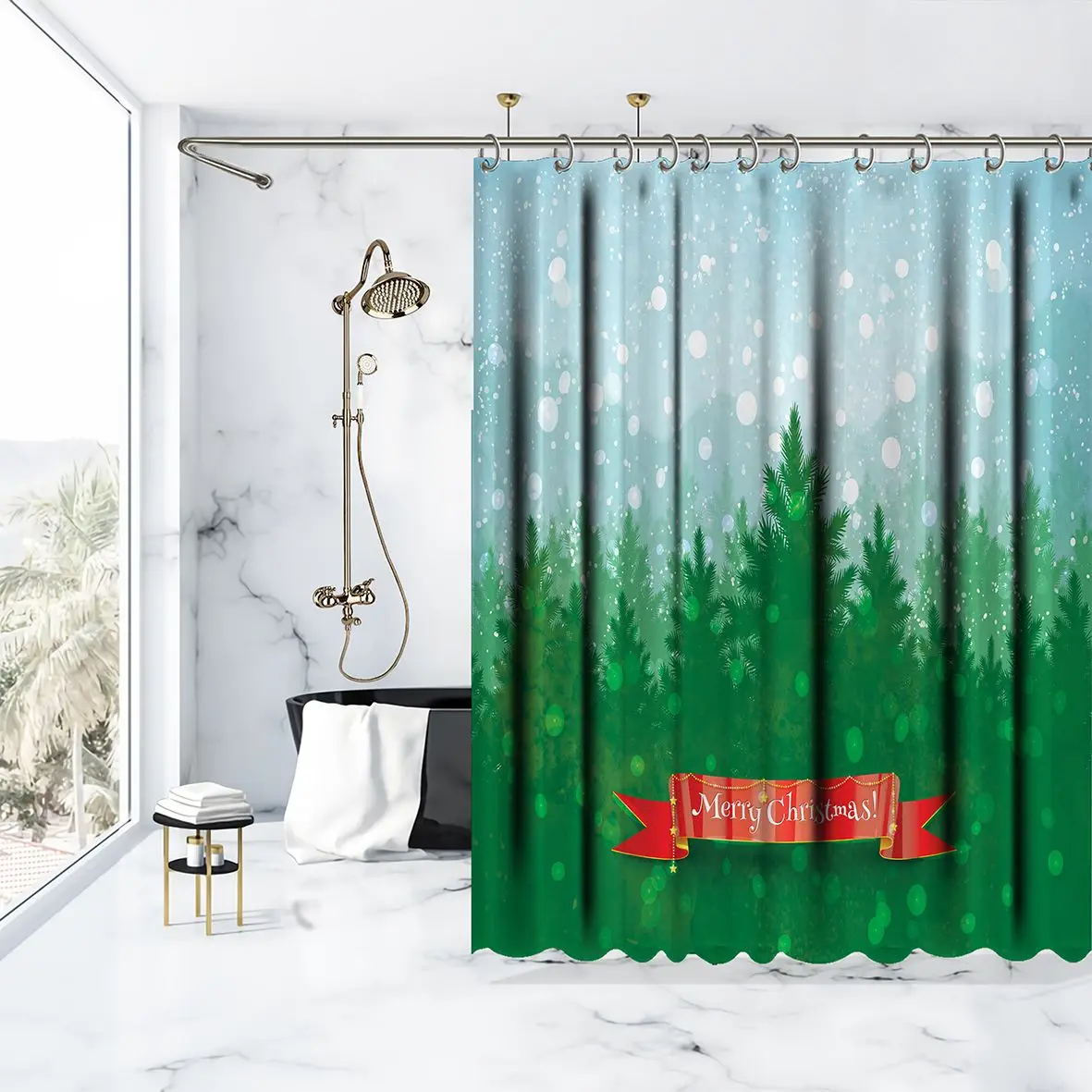 Занавеска для душа пейзаж с падающими снежными синими горами зеленый Еловый лес