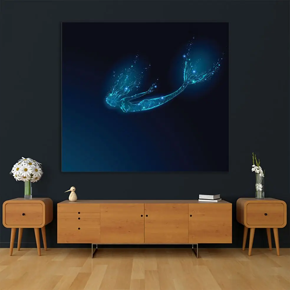 Tapestry Mermaid Diving in Deep Ocean Low Poly Pattern Fantasy Mystic Creature Artwork Blue Green | Дом и сад