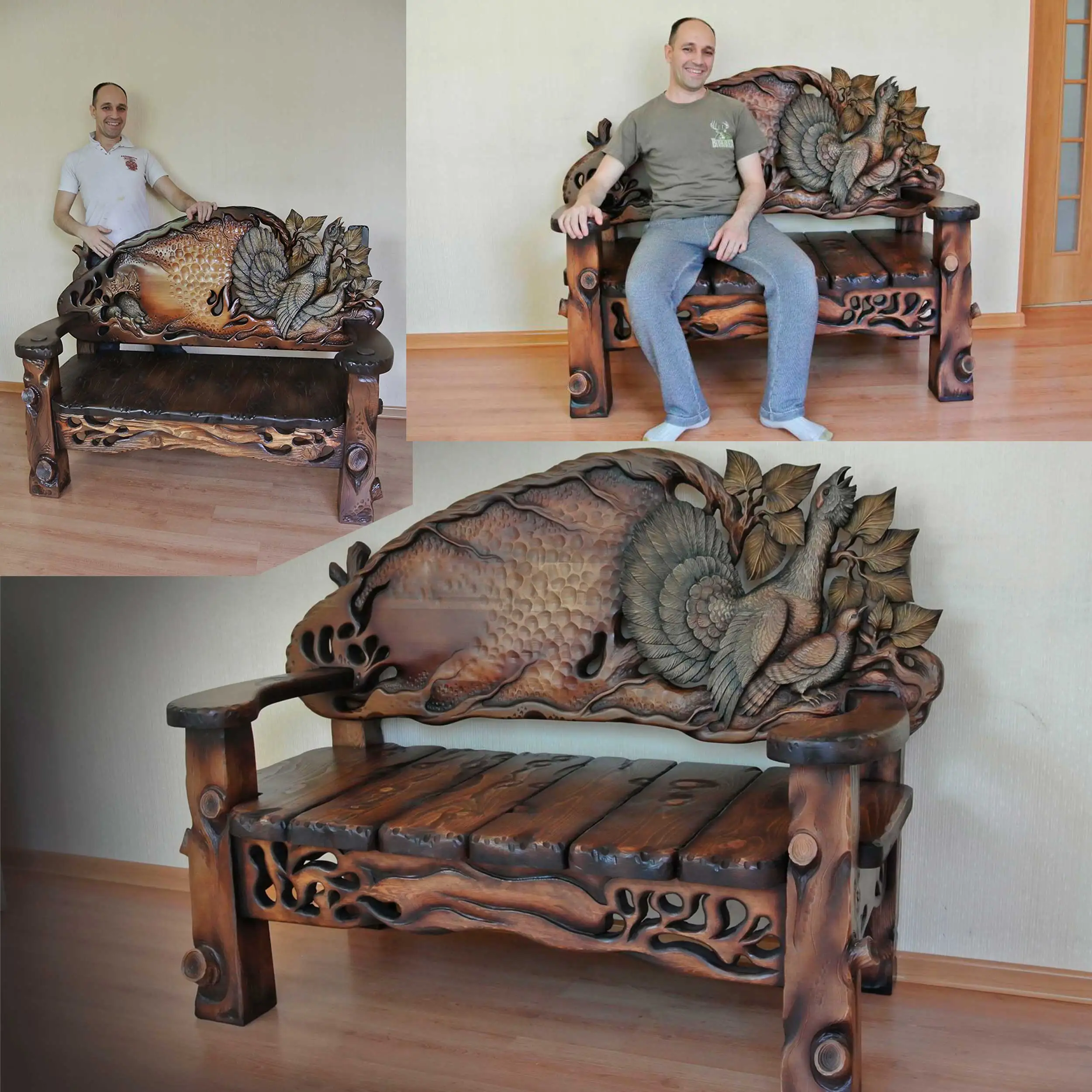 Bench with carved back Capercaillie cnc stl model vector files artcam 3d STL for CNC milling machine cutting relie | Мебель