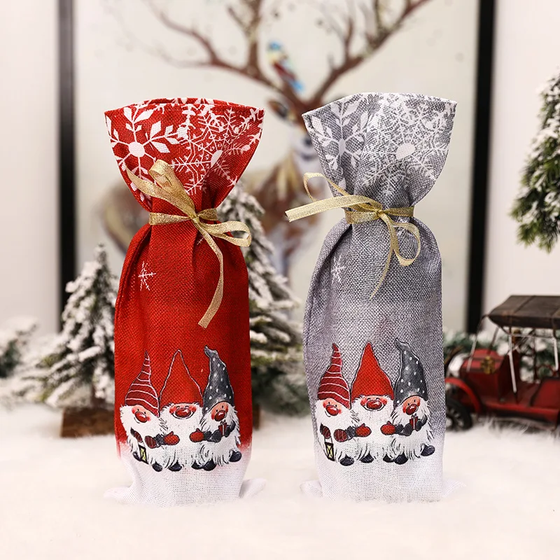 

1Pc Christmas Forester Snowflake Printed Wine Bottle Bags Champagne Sleeve Cover Table Supplies Home Cloth Bag Gift Decoration