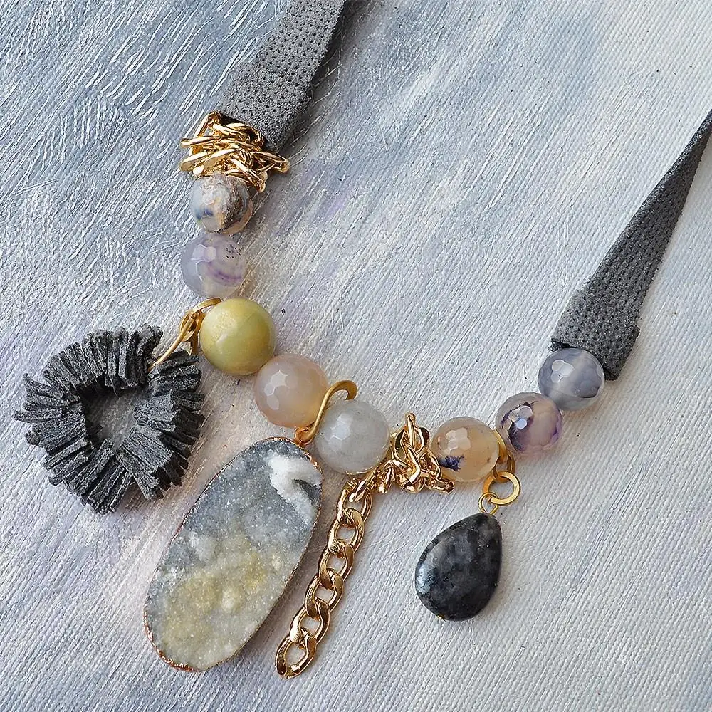 Модные богемные ожерелье набор для женщин ручной работы Кварцевые халцедон