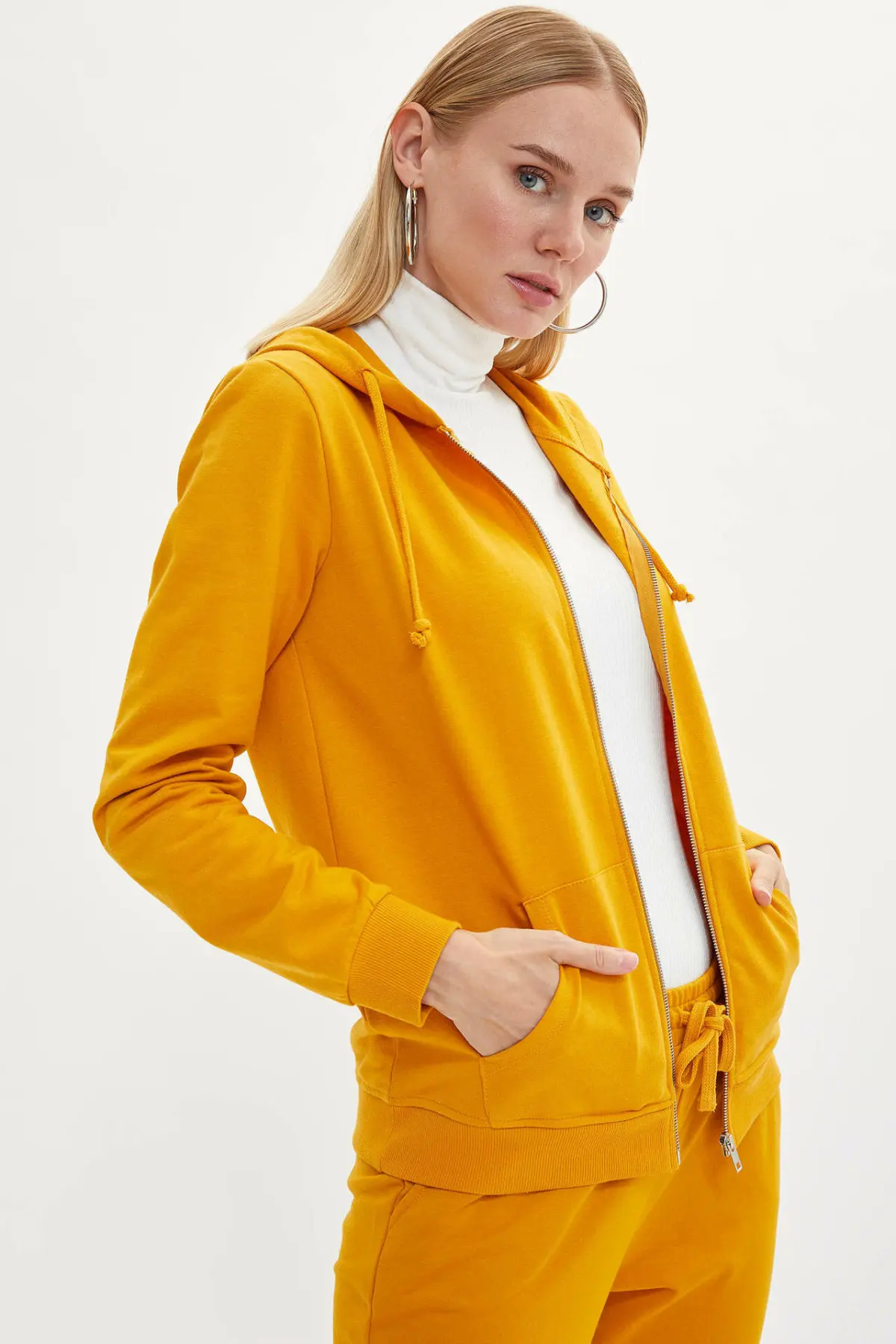 Дефакто Женские повседневные толстовки с капюшоном пальто на молнии карманом