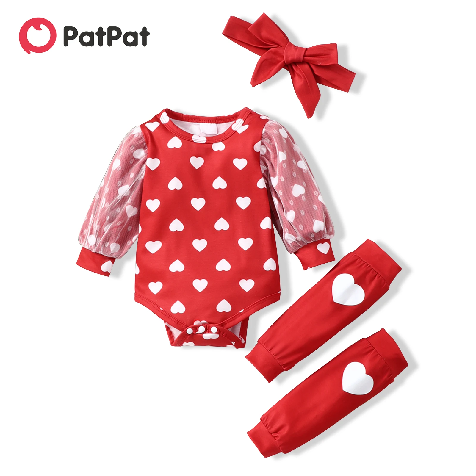 

PatPat Valentine's Day 3pcs Baby Girl Love Heart Print Red Long-sleeve Romper Set