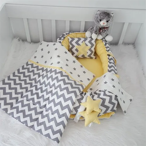Jaju Baby Handmade Yellow and Gray Zigzag Pattern Design Luxury Orthopedic BabyNest 4 pieces Set Mother Side Portable Baby Bed