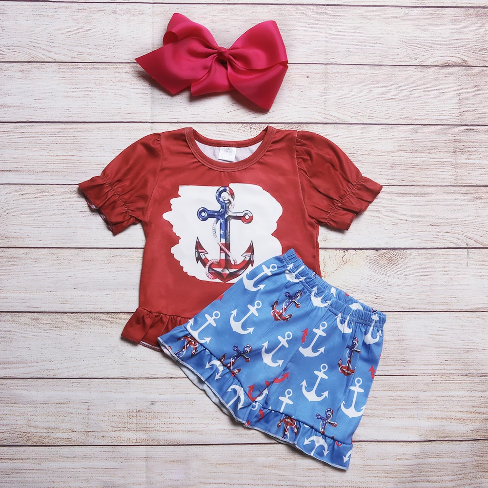 

Baby 2pcs Cotton Clothes Set For Summer New Style Pirate Ship Sleeve T-Shirt + Red Leisure Lace Short suit For Girl