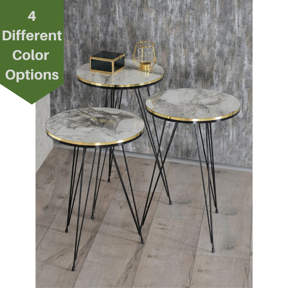 

Modern Zigon Nesting Coffee Table Set Of 3 High Gloss Round Wood Black Tables With Black Metal Legs for Living Room