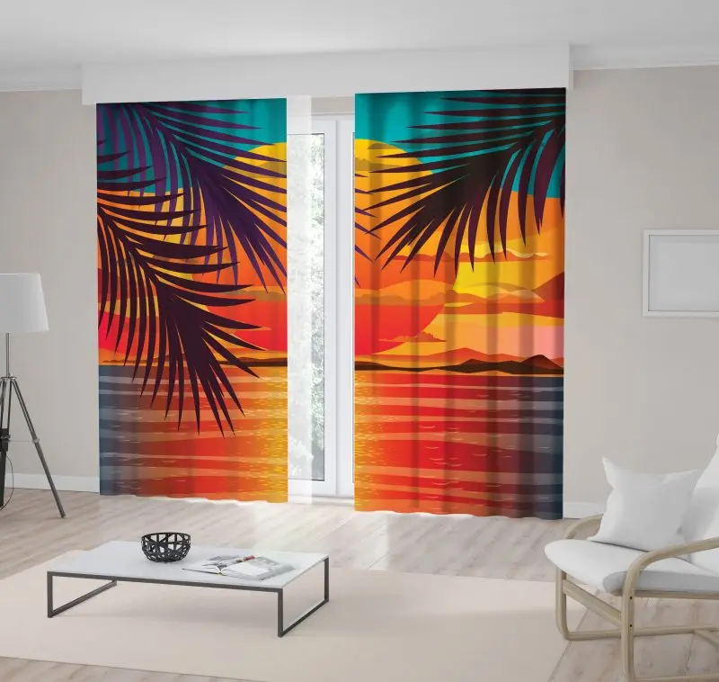 

Curtain Beach Sunset Landscape with Palm Tree Leaves Colorful Summer Sky Blue Orange Red Romantic Scene Print