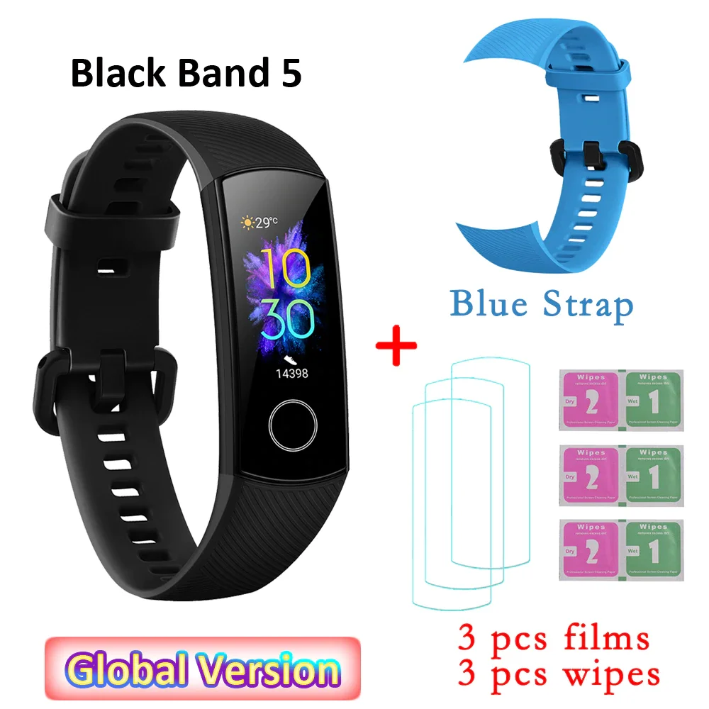BL strap and 3 films Global Versio huawei Honor Band 5 4, умный Браслет, умный браслет, шагомер, сенсорный экран, для плавания, сердечного ритма, сна, монитор - Цвет: BL strap and 3 films