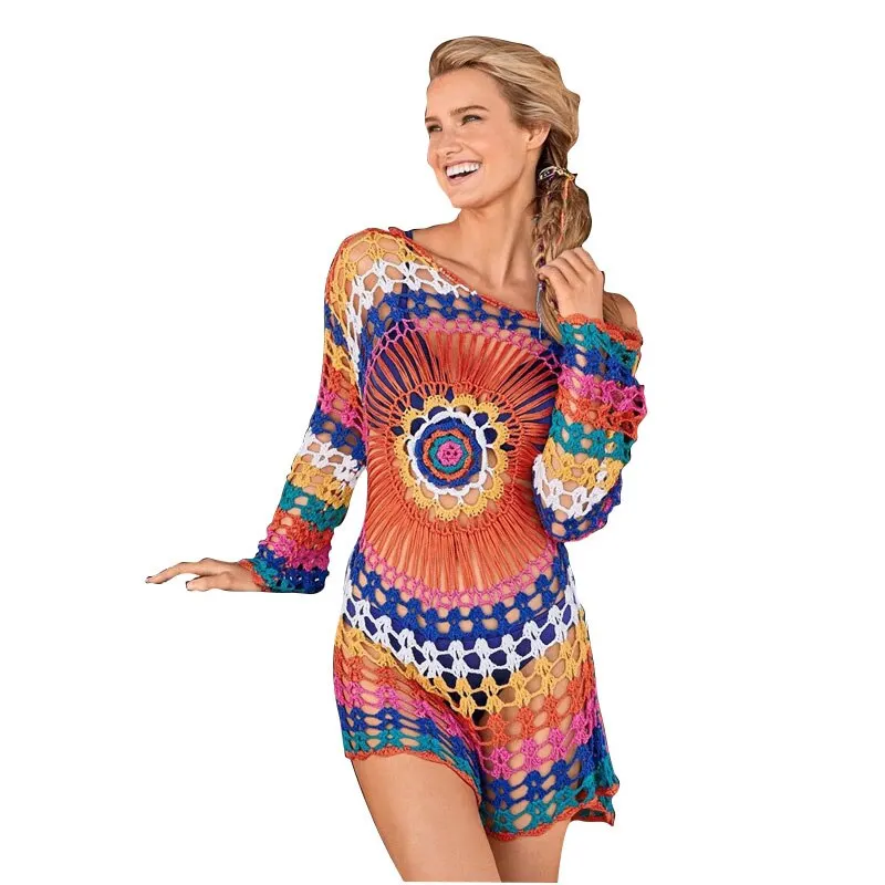 

swimsuit cover up handmade crochet rainbow long-sleeved beach blouse Hollow loose bikini swimsuit outer blouse drop shipping