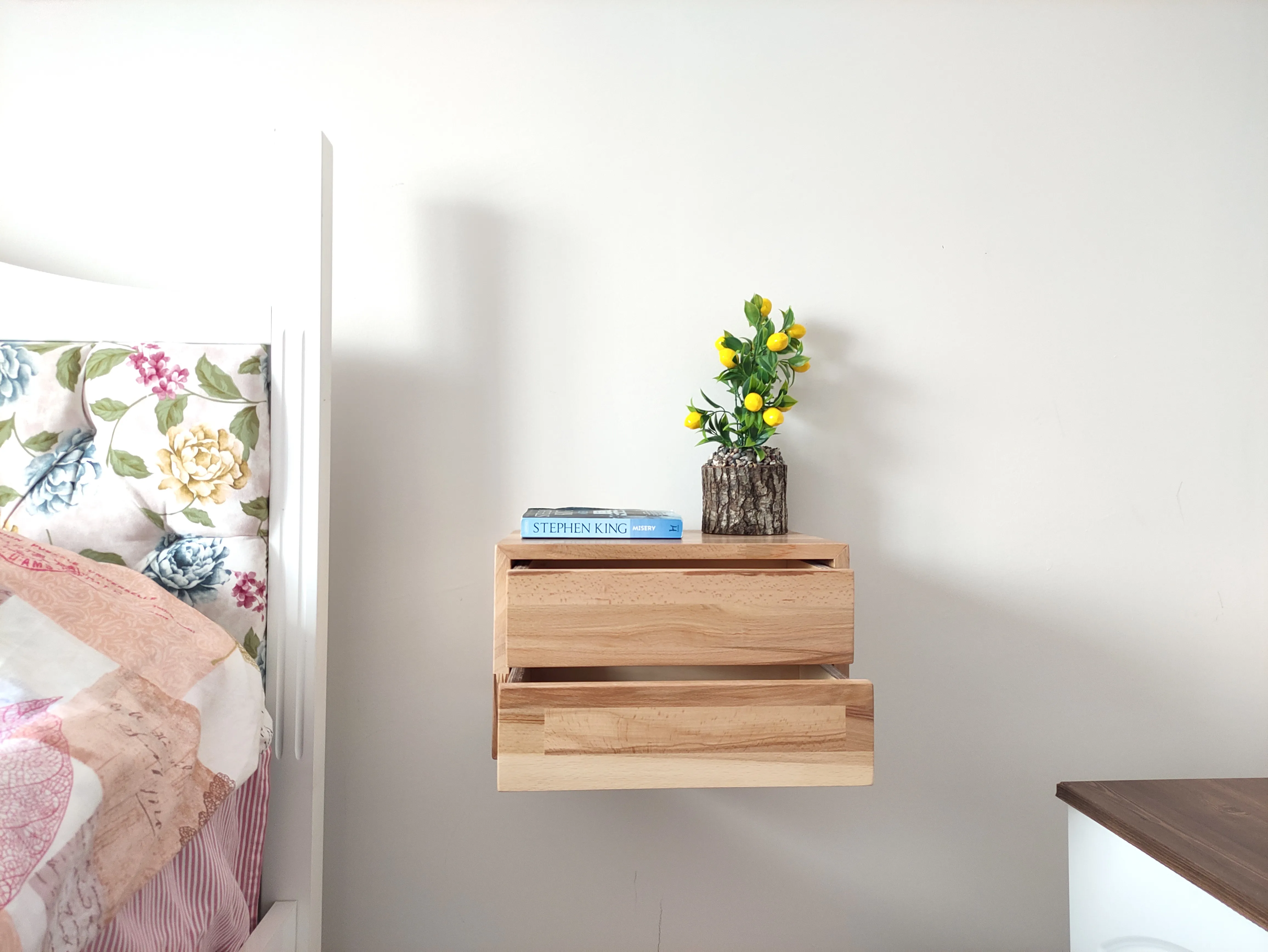 Wall Mounted Bedside Table Short with Bass Drop Drawer and Natural Beech Oak Non toxic Floating Shelf Small rustic | Мебель