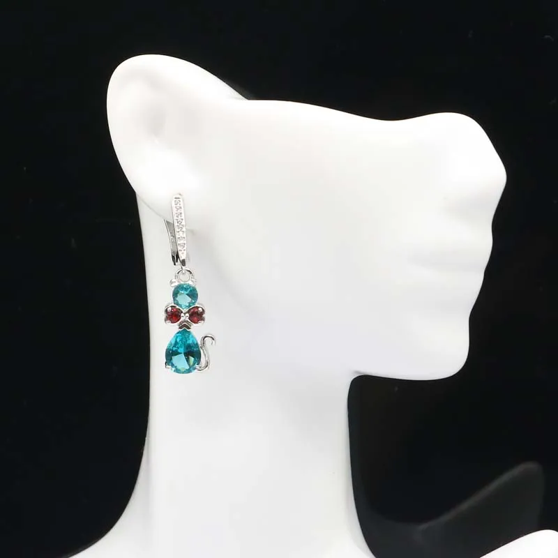 

35x10mm Gorgeous Cat Shape Created Rich Blue Aquamarine Ruby CZ Gift For Sister Silver Earrings