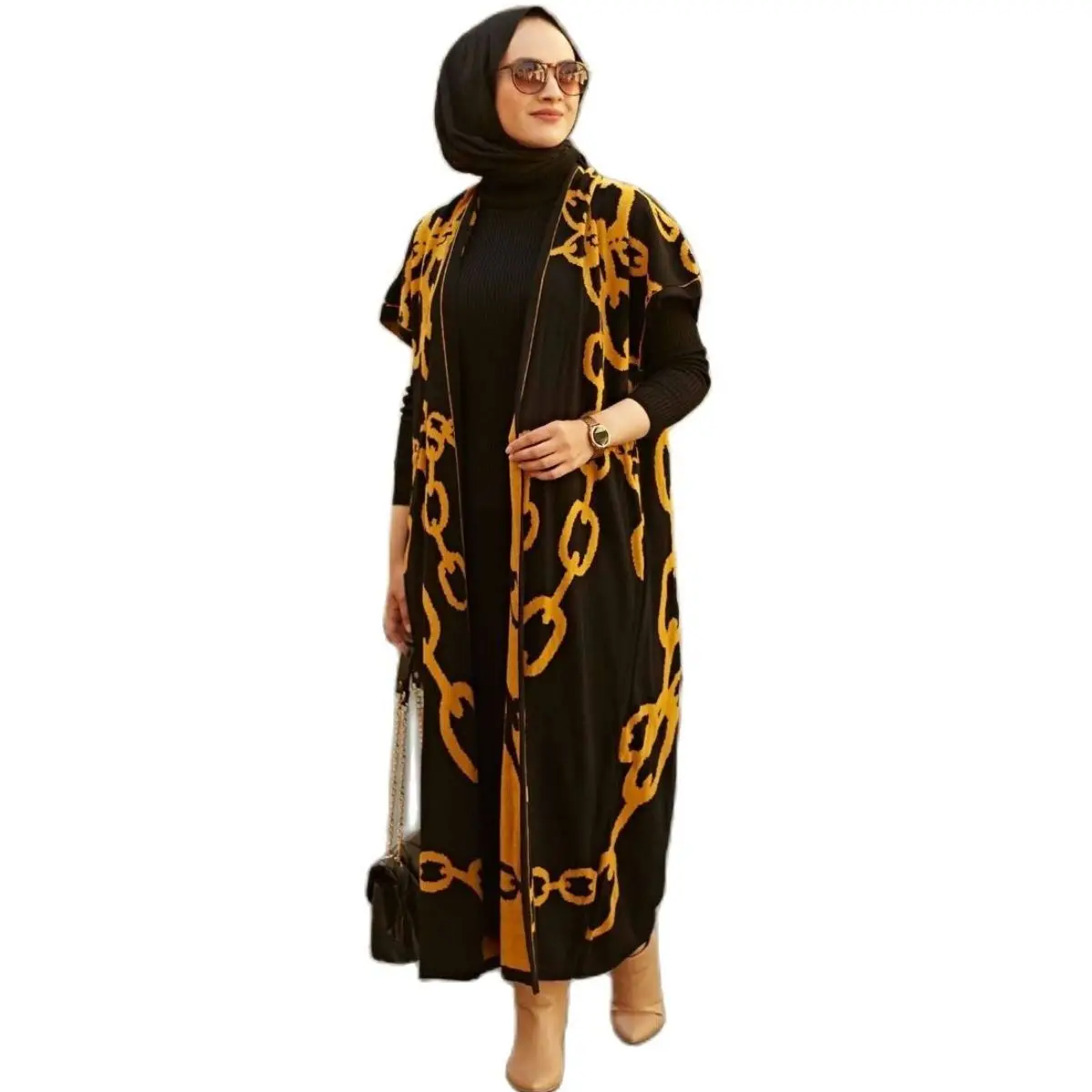 

2022 2 Piece Women's Knitted Set Maxi Turtleneck Dress and Maxi Bat wing sleeve Cardigan Chain Patterned Knitwear Suit