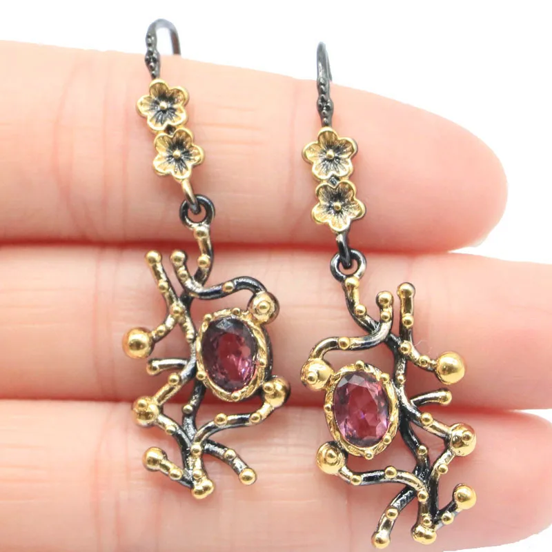 Серьги Неоготические с синим аквамарином, розовым турмалином, лондонским голубым топазом, черные, золотые, серебряные, 48x15 мм