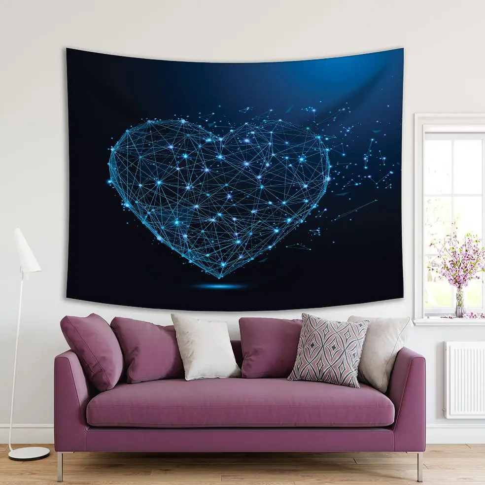 

Tapestry Heart Shape from Lines and Triangles Love Romance Futuristic Theme Modern Artwork Blue