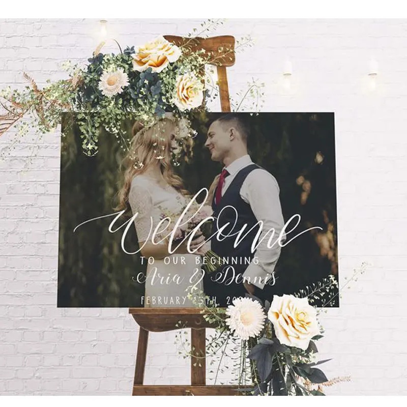 

Custom Welcome to Our Beginning Wedding Sign Photo Wedding Welcome Board Canvas Engagement Picture Sign Easel Not Included