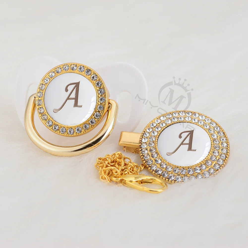 MIYOCAR Gold silver name Initials letter white elegant A beautiful bling pacifier and pacifier clip BPA free dummy bling LA-W