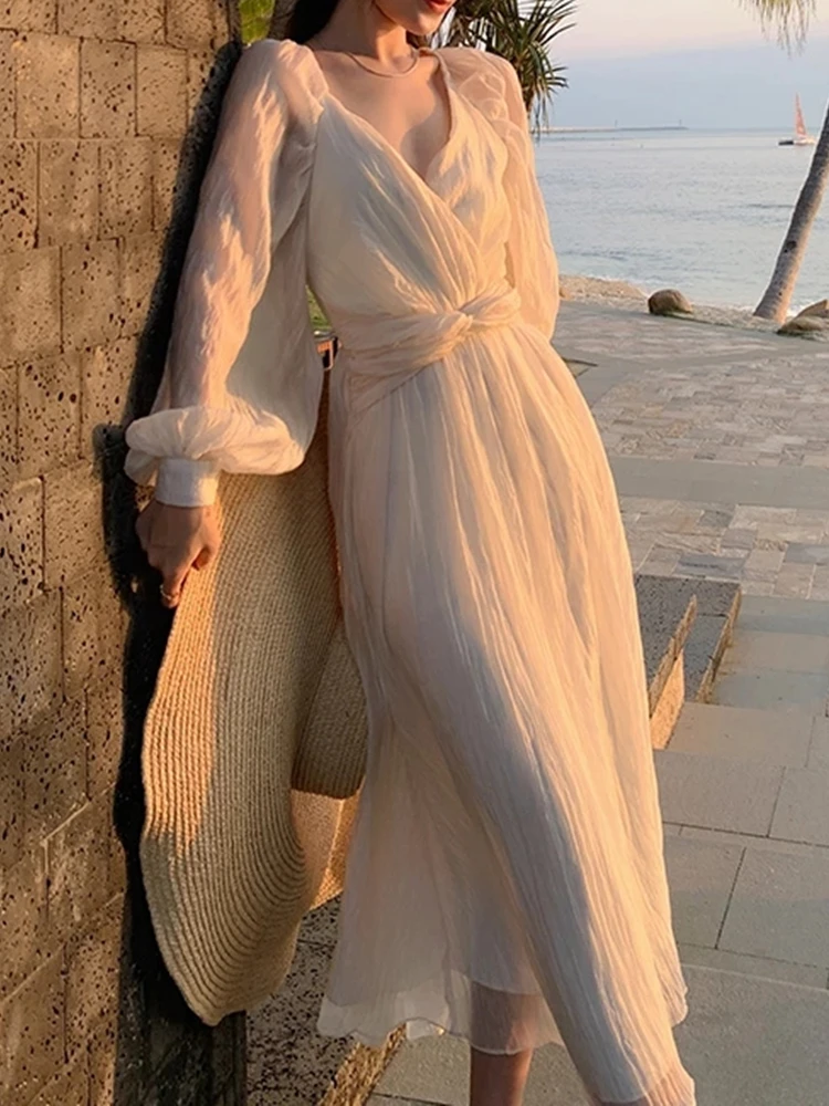 

Women Spring Summer Elegant Fashion V-neck Elegant Sweet Long Sleeve Chiffon Dress Females Chic Clothes
