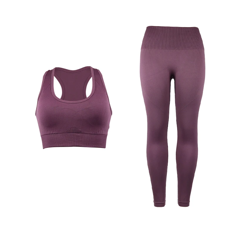dark purple Бесшовный комплект из 2 предметов с высокой талией для йоги, женская одежда для фитнеса, спортивный костюм для бега, занятий спортом, эластичный лифчик, штаны - Цвет: dark purple