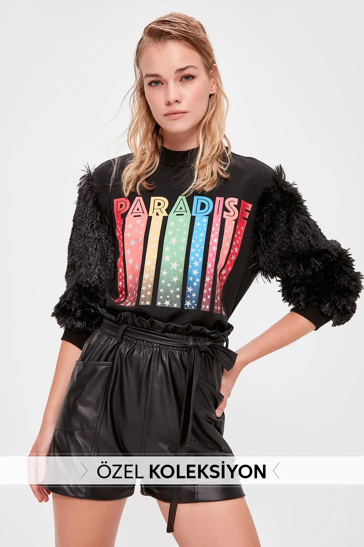 Trendyol черная ручка из искусственного меха с принтом трикотажная толстовка TWOAW20SW0342