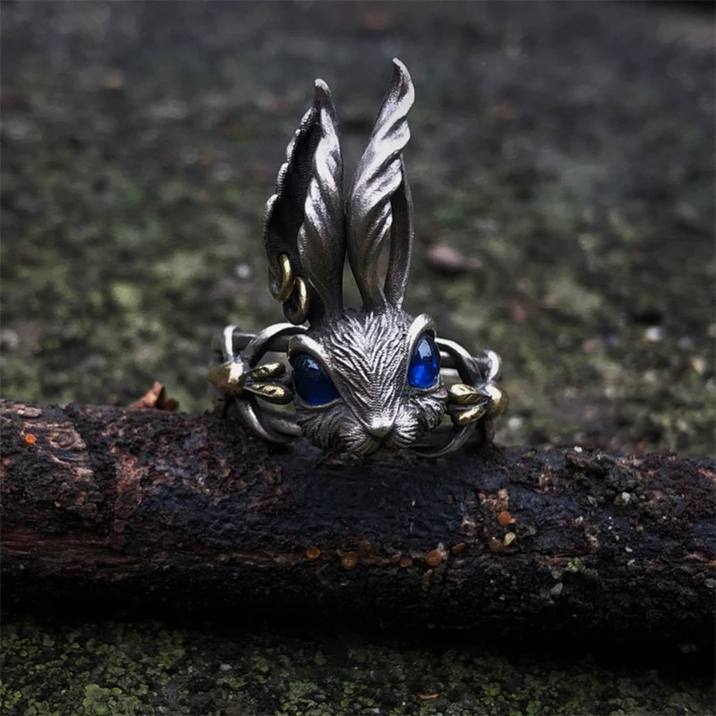 

Adjustable Vintage Fantasy Fairy Tale Blue Eyes Bunny Big Ears Rabbit Women Ring Retro Men Ring Fashion Punk Hip Hop Jewelry