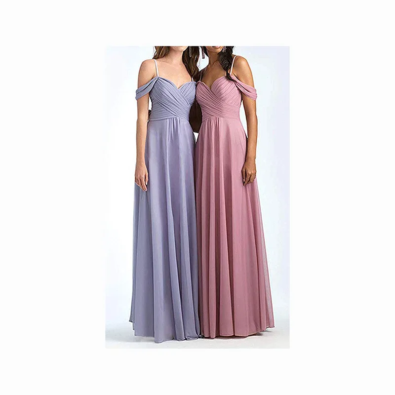 Недорогие плиссированные шифоновые платья CloverBridal с открытыми плечами размер