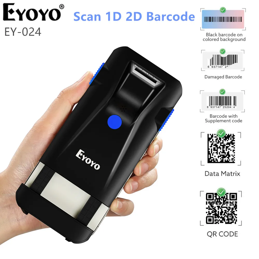 Eyoyo EY-024 2D Bluetooth Barcode Scanner Phone Back Clip On Scanner Portable Wireless Bluetooth Rechargeable Bar Code Reader